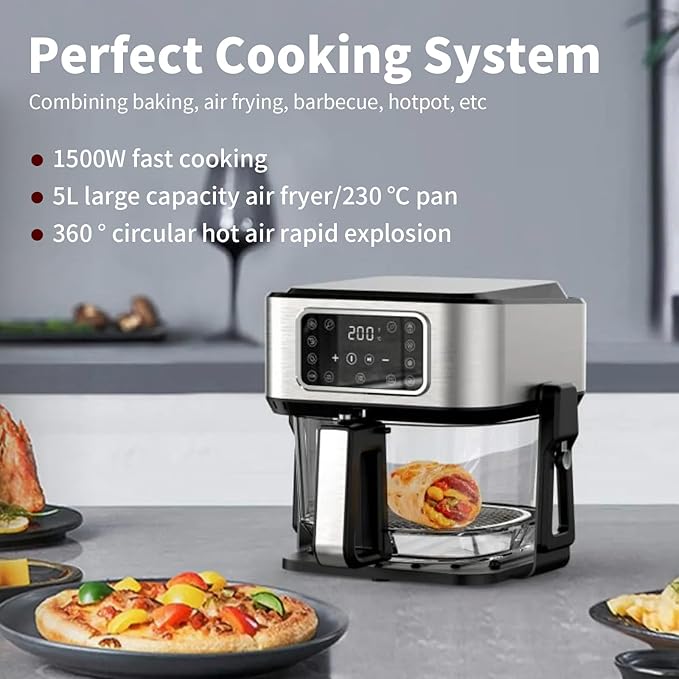 3-in-1 Air Fryer Oven, 5.2QT with See-Through Window, 8 Presets Touchscreen, Multi-Cooker for Air Frying, Roasting, Baking, Dehydrate, Reheat & Stewing, Turbo Crisp Technology, No Flip Needed.