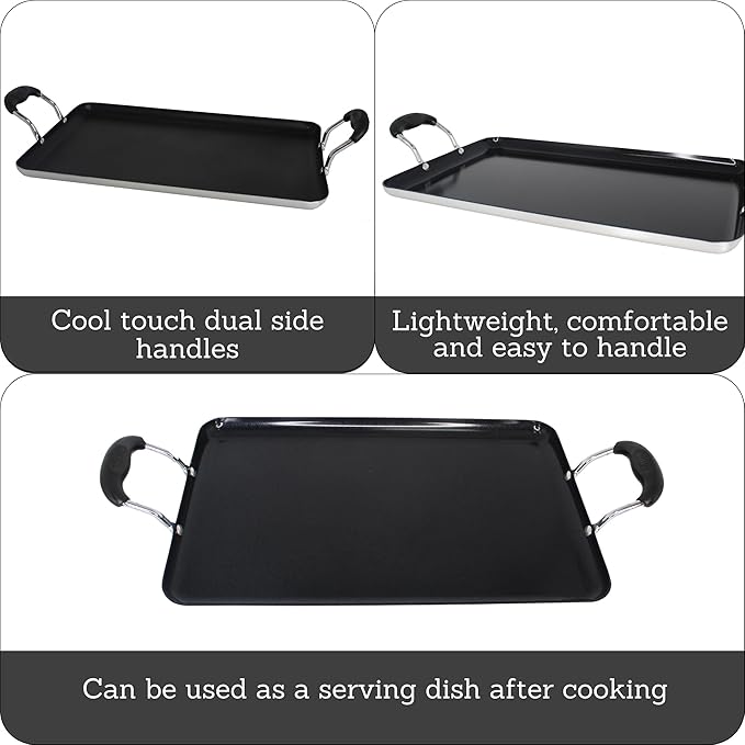 IMUSA 19x12in Aluminum Black Ceramic Double Burner Griddle with Cool-Touch Handles, Nonstick Flat Grill Pan for Pancakes, Eggs, Bacon, and More, Black