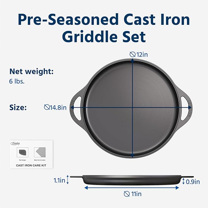 COOKLIFE 12 Inch Lightweight Pre-Seasoned Cast Iron Griddle - Smooth Polished Surface, Easy to Clean Cast Iron skillets Use in the Oven, on the Stove or Grill, Over a Campfire
