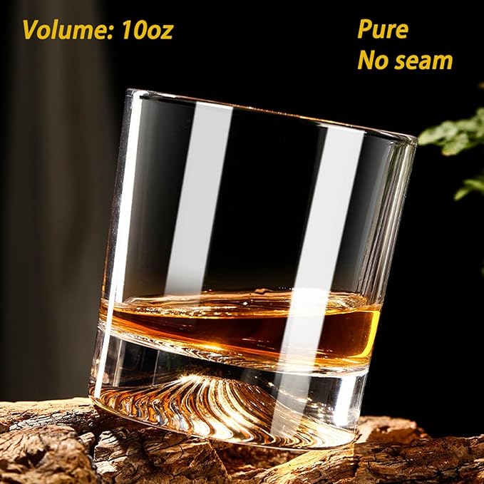 Whiskey Glasses,2 Old Fashioned Glasses Set with 2 XXL Stainless Steel Ice Balls,10oz Whiskey Rocks Glasses Gift for Men,Bourbon Tumbler for Scotch Whisky Cognac,Rock Barware at Bar Home