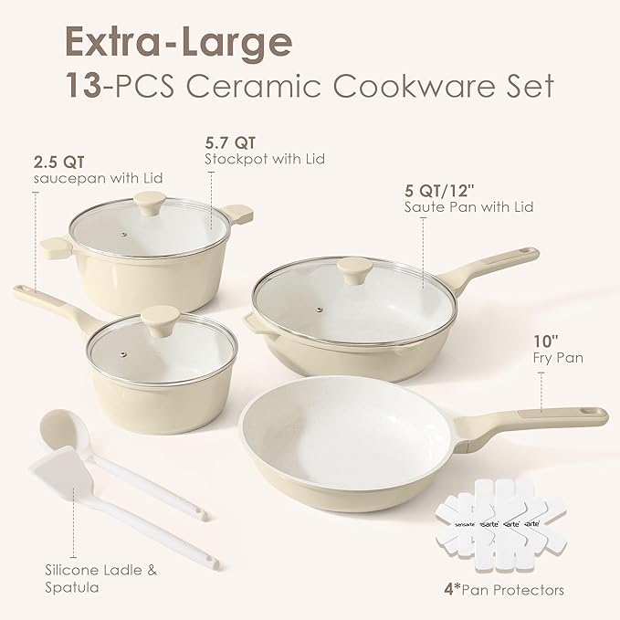 SENSARTE Nonstick Ceramic Cookware Set Large-Size 13-Piece, Healthy Pots and Pans Set, Non-toxic Kitchen Cooking Set with Stay-Cool Handles, PFAS and PFOA Free, Cream White