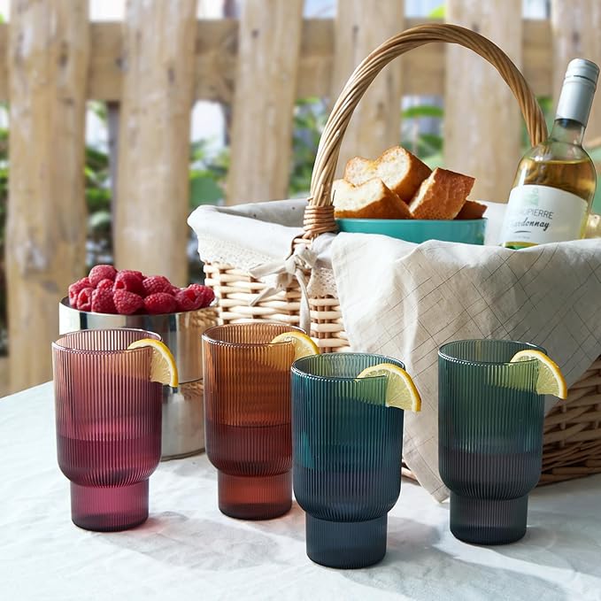 Khen Shatterproof Acrylic Tall Drinking Glasses Set, European Style, Dishwasher Safe, Ribbed | Set of 4 | Fluted Tritan Drinkware, Unbreakable BPA-free Plastic, Reusable Stackable Glassware 14.5oz