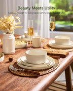 Famiware Star 24-Piece Stoneware Dinnerware Sets with Trim, Service for 8 - Ceramic Plates and Bowls Set, Ribbed Dishes with High Edge, Chip & Scratch Resistant, Microwave & Dishwasher Safe, White