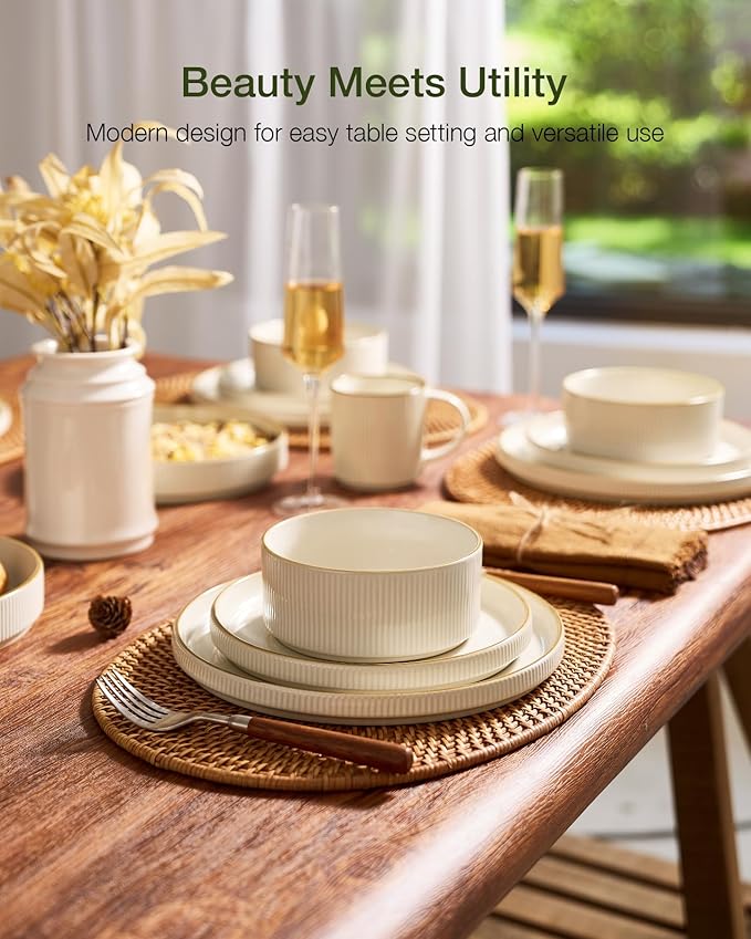 Famiware Star 24-Piece Stoneware Dinnerware Set with Trim, Service for 6 - Shallow Pasta Bowls & Flat Plates, Dishes for Everyday & Formal Use, Chip/Scratch Resistant, Microwave/Dishwasher Safe, White