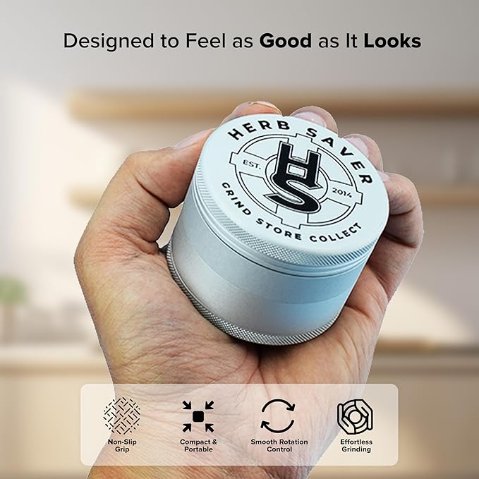 HerbSaver 2.5 Inch Aluminum Spice Grinder – Manual Kitchen Grinder with Sharp Teeth, Magnetic Lid, Matte Finish for Pepper, Salt and Seasonings (Silver)