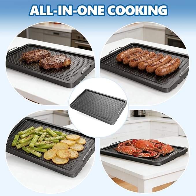 SafBbcue Upgraded Cast Iron Griddle, 15 x 8.7 Inch Griddle Pan with Silicone Cooling Handle, Griddle for Gas Stove, Electric, Flat Top, Portable for Indoor Stovetop or Outdoor Camping BBQ, Black