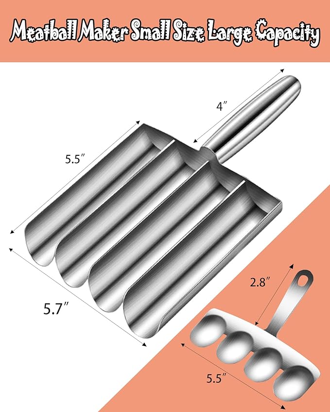 4-in-1 Meatball Maker Tool, 304 Stainless Steel Meatball Scoop & Mold, Makes 4 Uniform Meatballs at Once, Nonstick Release, Dishwasher Safe, for Pasta, Soup, Meal Prep & Party Appetizers