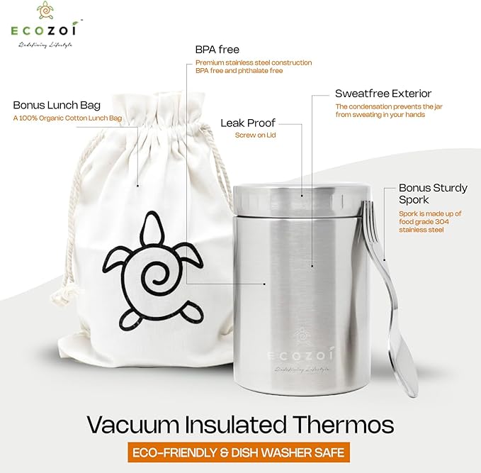 ecozoi Stainless Steel Insulated Lunch Box, Vacuum Insulated Food Jar, 17 Oz + Spork + Lunch Bag