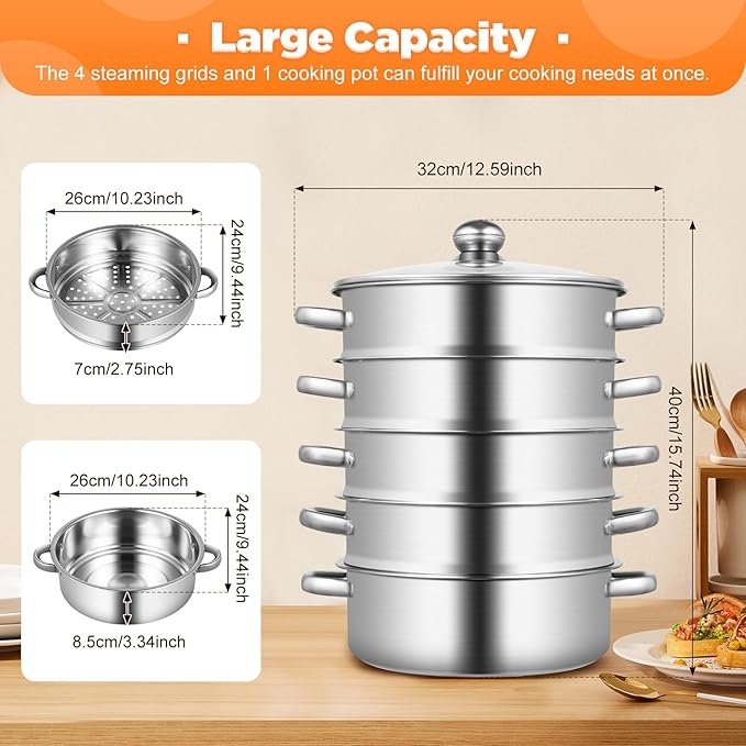 5-Tier Stainless Steel Steamer, 12.59 * 2.75inch Cooking Tools Pan Set Household Cookware Pot Large Capacity Kitchenware Multi-Purpose Kitchen Implements Stackable Vegetable Pan w/Glass Lid