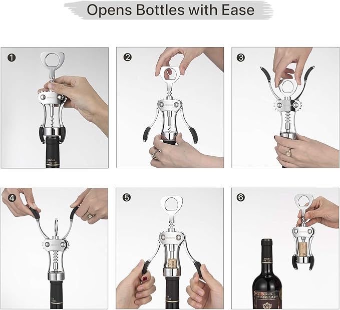 Beneno Wine Opener, Zinc Alloy Premium Wing Corkscrew with Multifunctional Bottles Opener, Sharp Wine Corkscrew with Ergonomic Non-Slip Wing Handle, Silver