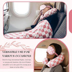 HunnmingRe 5 Pcs Travel Pillow and Blanket Set, 5 in 1 Travel Airplane Compact Includes 40 x 60 Inch Throw Blanket Eye Mask Neck Pillow Earplug and Bag Gifts for Travelers Women(Checkered,Pink)