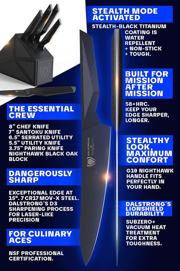 Dalstrong Knife Block Set - 5pc - Shadow Black Series - Black Titanium Nitride Coated - High Carbon - 7CR17MOV-X Vacuum Treated Steel - Sheath - Kitchen Knife Set with Block - NSF Certified