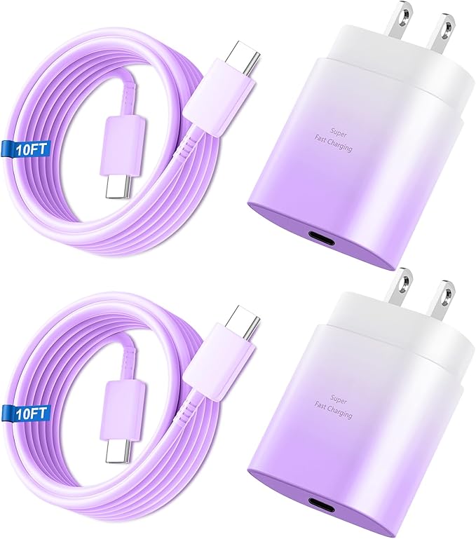 Super Fast Charger Type C, 25W USB C Wall Charger Fast Charging for Samsung Galaxy S25 Ultra/S25/S25+/S24+/S24 Ultra/S24/S24+/S23 Ultra/S22 Ultra/S21 Ultra with 10FT Long Type C Charger Cable 2Pack