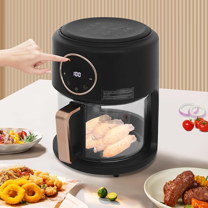 Glass Air Fryer 3.81QT with 360° View, 1200W Touchscreen & 8 Presets, Borosilicate Glass Pot for Healthy Frying, Family Kitchens, Restaurants (Black)