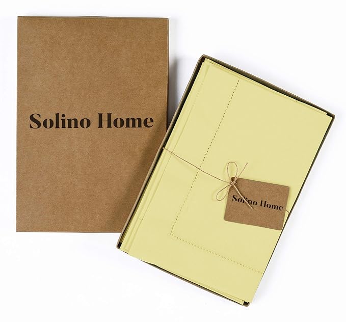 Solino Home Yellow Napkins Set of 4 - Cotton Linen Hemstitch Dinner Napkins Cloth 20 x 20 Inch - Handcrafted and Machine Washable