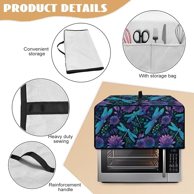 Dragonfly Lotus Print Toaster Oven Cover Compatible with Most Toaster Ovens, Heavy Duty Dust-proof Microwave Oven Cover for Kitchen Counter, Purple (Medium-16.1 * 19.71 * 10 inches)