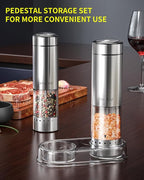 CIRCLE JOY Battery Operated Electric Salt and Pepper Grinder Set with Base, Stainless Steel Pepper Mills with 95ml Container, White LED Light and External Adjustable Coarseness, Silver