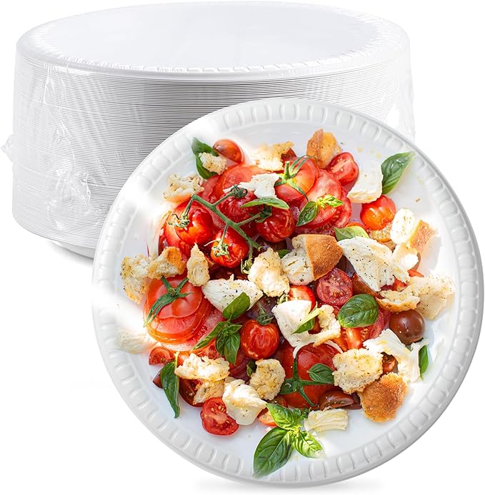 YANGRUI Plastic Plates Shrink Wrap 10" 150 Pack - Unbreakable Mineral Filled PP | BPA Free Commercial White Tray | Microwave Safe Freezer Ready | Reusable & Disposable Heavy Duty Bulk Party Plate