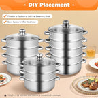5-Tier Stainless Steel Steamer, 12.59 * 2.75inch Cooking Tools Pan Set Household Cookware Pot Large Capacity Kitchenware Multi-Purpose Kitchen Implements Stackable Vegetable Pan w/Glass Lid