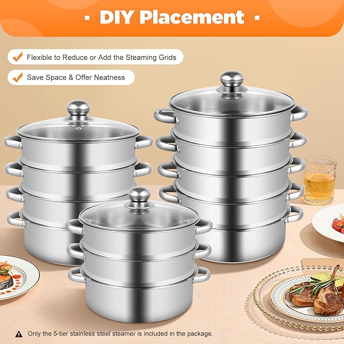 5-Tier Stainless Steel Steamer, 12.59 * 2.75inch Cooking Tools Pan Set Household Cookware Pot Large Capacity Kitchenware Multi-Purpose Kitchen Implements Stackable Vegetable Pan w/Glass Lid