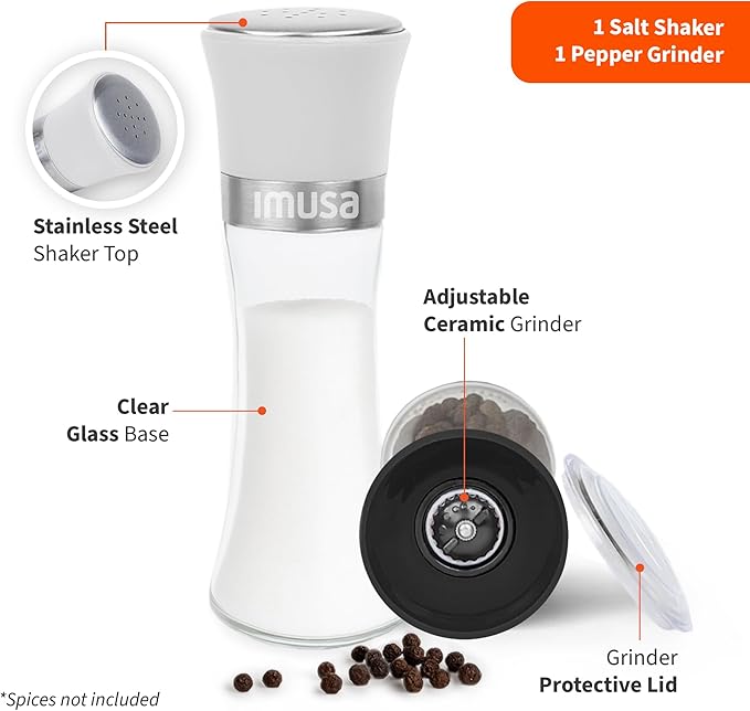 IMUSA Salt Shaker and Pepper Grinder Set – 2 Pack Glass Salt Shaker and Pepper Mill Set, Manual Adjustable Ceramic Core Pepper Grinder, 6 oz Capacity, Refillable Salt and Pepper Set for Kitchen