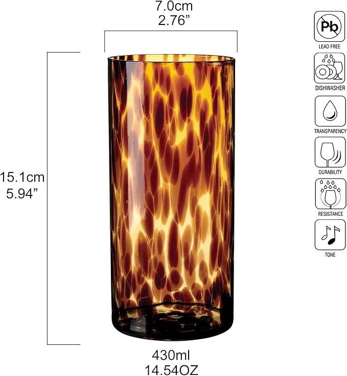 Joseph Sedgh Collection Tortoise Shell Highball Glass Set of 4 – 14.54 oz Borosilicate Cocktail & Water Glasses – Durable, Lead-Free, Dishwasher Safe – Elegant Gift Packaging