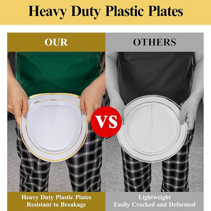Goodluck 100PCS Gold Plastic Plates, 10.25 Inch Dinner Plate with Gold Rim, Heavy Duty Disposable Plastic Plates for Party, Wedding, Birthday & Daily Use