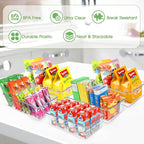 Snack Organizer for Pantry Shelf, 6 Pack Clear Plastic Pantry Storage Bins with 3 Dividers for Snacks, Spices, Chips Food Organizer, Stackable Pantry Organizers for Kitchen, Fridge, Cabinet