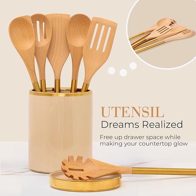 STYLED SETTINGS Beige Utensil holder - Large Ceramic Utensil Crock for Kitchen Counter – Stylish Cooking Utensil Storage & Gold Spoon Rest – Kitchen Organization & Farmhouse Décor