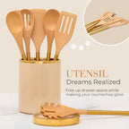 STYLED SETTINGS Beige Utensil holder - Large Ceramic Utensil Crock for Kitchen Counter – Stylish Cooking Utensil Storage & Gold Spoon Rest – Kitchen Organization & Farmhouse Décor