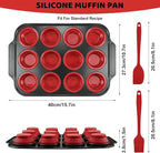 Silicone Muffin Pan Set, Reinforced Metal Frame Cupcake Baking Pan with Brush & Scraper 12-Cup Muffin Tin, Silicone Muffin Pan for baking for Toast Cupcakes Brownies Canele Mold Oven Dishwasher Safe