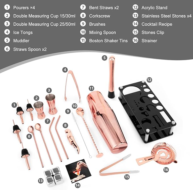 Cocktail Shaker Set, 23-Piece Boston Stainless Steel Bartender Kit with Acrylic Stand & Cocktail Recipes Booklet, Professional Bar Tools for Drink Mixing, Home, Bar, Party - Gold Rose