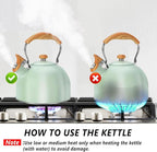 Tea Kettle Stovetop, 2.6 Quart cute teapot,loud whistle kettle, Food Grade Stainless Steel with Fold wood grain handle, Mint Green,With Anti Scald Towel