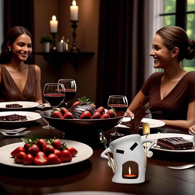 Ceramic Fondue Cup Set w/Built-In Fork & Spoon - Mini Chocolate/Cheese Fondue Mug | Microwave & Dishwasher Safe | Compact Gift-Ready (White)