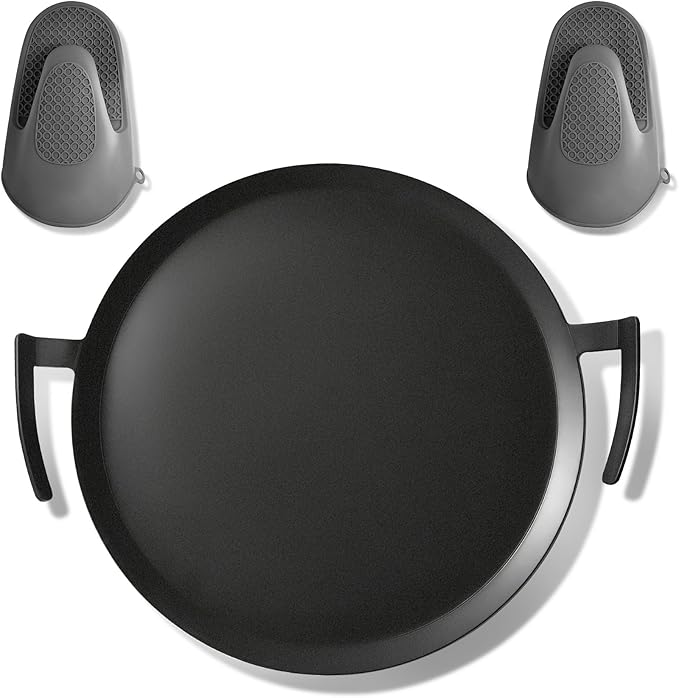 Universal 17" Round Carbon Steel Griddle for Grill Gas/Electric Stove Induction Cooktop and Oven, Thick Heavy-duty Carbon Steel, Vegetable Oil Pre-seasoned Nitrided Coating Process