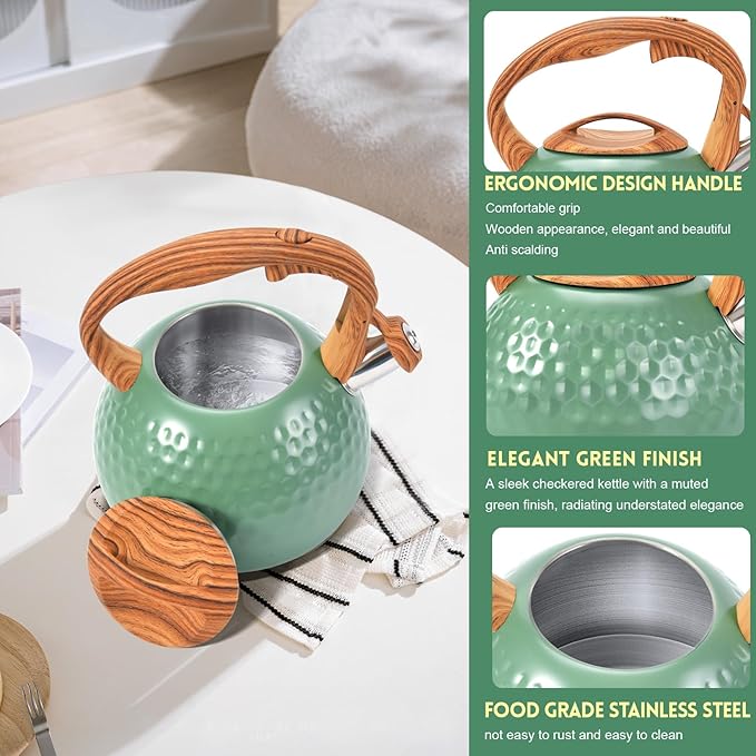 GGC Tea Kettle for Stove Top, Loud Whistling Kettle for Boiling Water Coffee or Milk, 3.1 Quart 3L Heavy Stainless Steel Green Tea Pot with Wood Pattern Handle, Unique Button Control Outlet