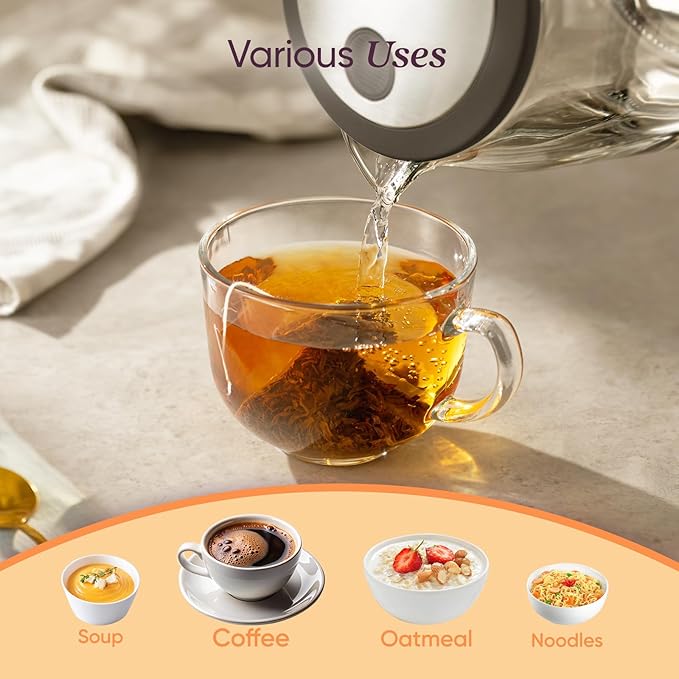 Cosori Electric Kettle, No Plastic Contact With Water, Wide Mouth For Easy Cleaning, Auto Shut Off, 1.7L Tea Kettle & Hot Water Boiler, Water Heater & Teapot, Borosilicate Glass, Black, 1500W