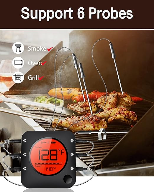 BFOUR Meat Thermometer Wireless Bluetooth, LCD Digital Meat Thermometer with Dual Probe, Wireless Remote BBQ Thermometer for Smoker Kitchen Cooking Grill Thermometer for Grilling BBQ Oven