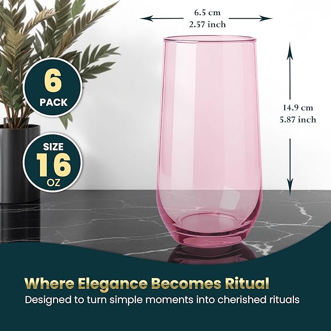 Pink Drinking Glasses Set of 6 | Translucent Rose Glassware | 16 oz Blush Pink Glass Cups | Highball Drinkware for Cocktails, Long Drink, Mojito, Juice, Soda | Modern Pastel Drinkware