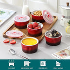 vancasso 8 oz Ramekins with Lid, Porcelain Creme Brulee Souffle Dishes, Red Pudding Custard Cups Ramiken for Baking, Dishwasher and Oven Safe, Set of 6