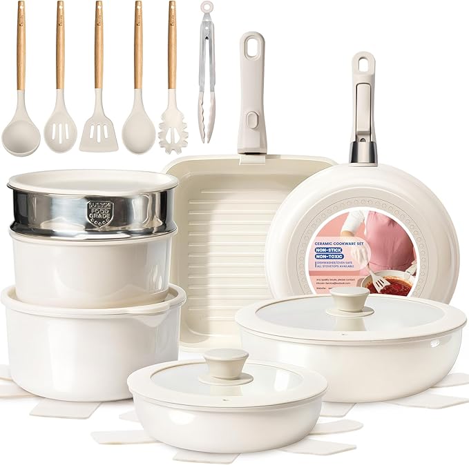 KIKCOIN Nonstick Pots and Pans Set - Ceramic Cookware Set with Detachable Handle - 25 Pack Healthy Pans Set for Cooking - Stackable for RV Kitchen, Induction Ready - Dishwasher and Oven Safe
