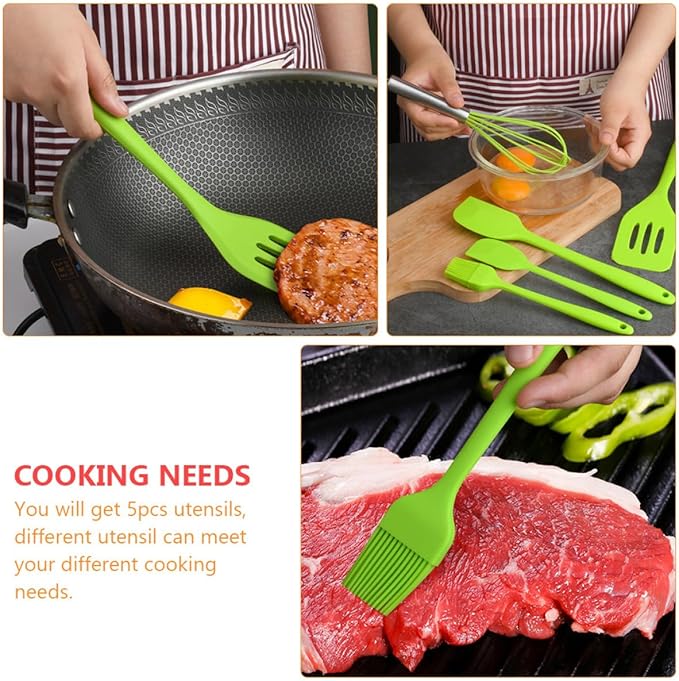 5pcs Green Silicone Baking Utensil Set with Whisk, Spatula, Brush, and Scraper, Heat Resistant Cooking Tools for Home Kitchen Use