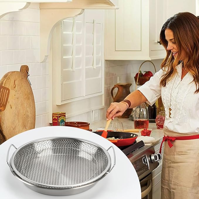 Oil Filter Tray, Stainless Steel Mesh Drain Basket Colanders Air Fryer Accessories for Fried Food Draining Rack Barbecue Grill Tray Net Draining Pan Strainer for Vegetable Dessert (9.5 Inch)