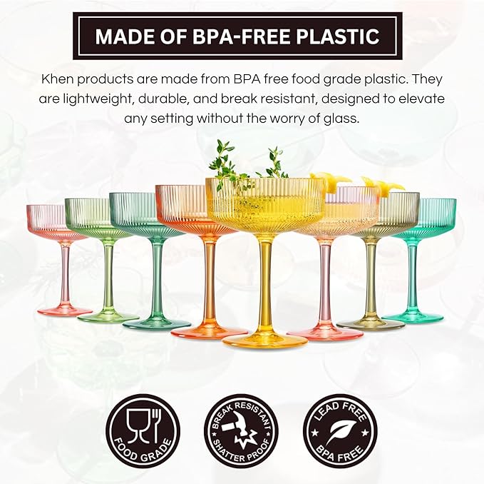 Khen Shatterproof Acrylic Ribbed Vintage Art Deco Martini, Champagne & Cocktail Spring & Summer Bright Pastel Colors Plastic Coupe Glasses | 8 Set | 8oz Ripple Classic Indoor & Outdoor, European Style