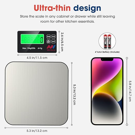 Mik-Nana Food Scale, 22lb Digital Kitchen Scale with 7 Units LCD Display & Tare Function, Stainless Steel Weight Grams and Ounces for Baking, Cooking and Meal Prep (Batteries Included)