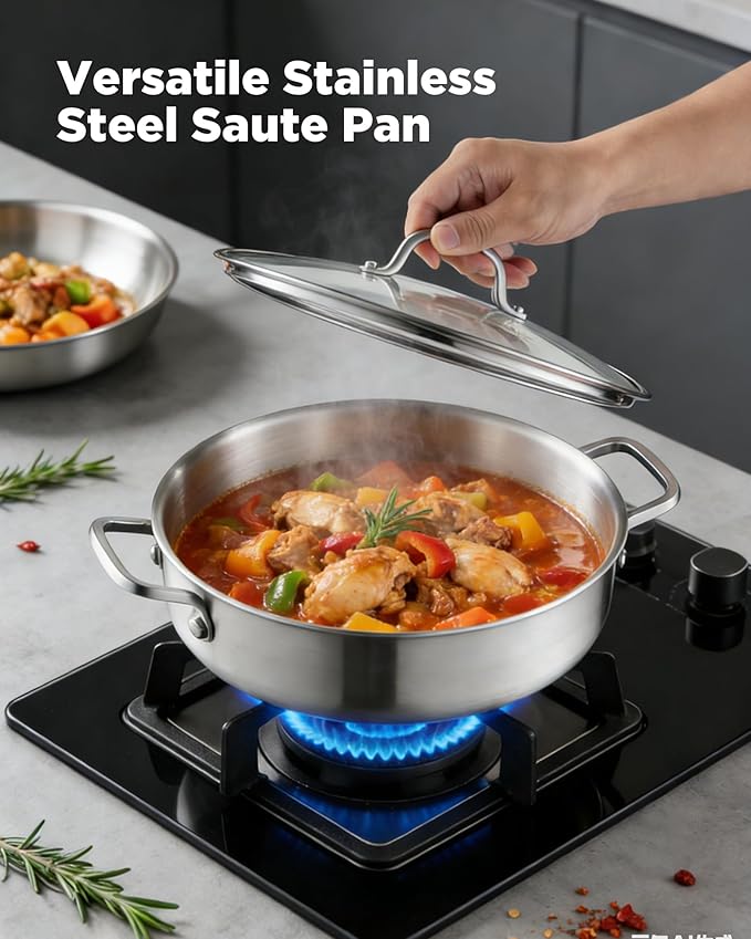 Saute Pan with Lid, 12 Inch 7QT Tri-Ply Stainless Steel Braiser Pan, Deep Frying Pan & Chef Skillet, Induction Compatible Cookware, Dishwasher & Oven Safe, Works on Gas and Ceramic Cooktops
