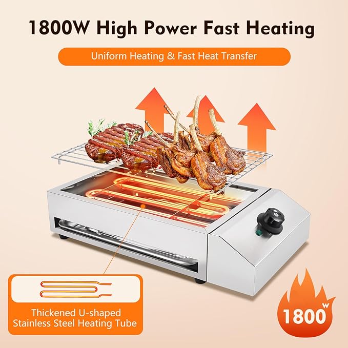 1800W Countertop Electric BBQ Grill Commercial and Home use Stainless Steel Barbecue Griddle Smokeless Portable Cooking Oven for Indoor Outdoor Picnic 122° F to 572°F for Burgers, Fish, Steak