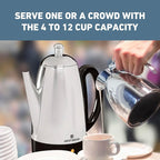 West Bend Electric Percolator Classic Style Coffee Maker with Heat Resistant Handle Base and Detachable Cord with Stainless Steel Stem and Basket, 12-Cup, Silver