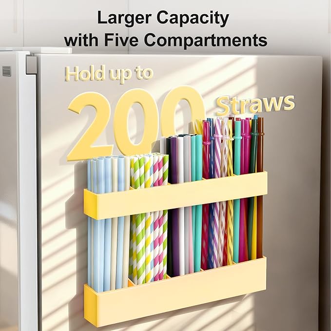 9.5” Large Acrylic Straw Holder for Cabinet Door, Reusable Adjustable Two-Part Straws Organizer with Ultra Sticky Adhesive Strips, 2026 Straw Storage for Kitchen Cupboard (Milky Yellow)
