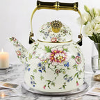 Vintage Enamel Tea Kettle, Rose Floral Pattern Stovetop Teapot with Gold Handle, 2.5L Enamel Kettle Kitchen Decor, Ideal Gift for Housewarming Camping Coffee Pot